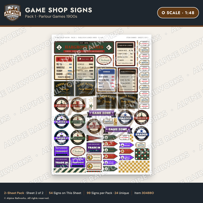 Alpine Railworks 30488O O Scale Game Shop Signs - Parlour Games 1900s
