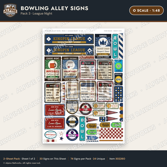 Alpine Railworks 30226O O Scale Bowling Alley Signs - League Night