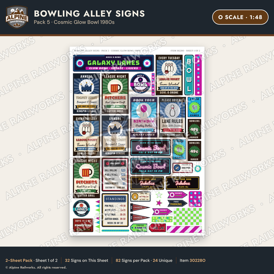Alpine Railworks 30228O O Scale Bowling Alley Signs - Cosmic Glow Bowl
