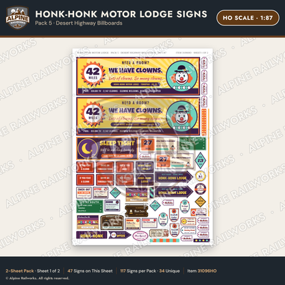 Alpine Railworks 31096HO HO Scale Roadside Signs - Clown Motel