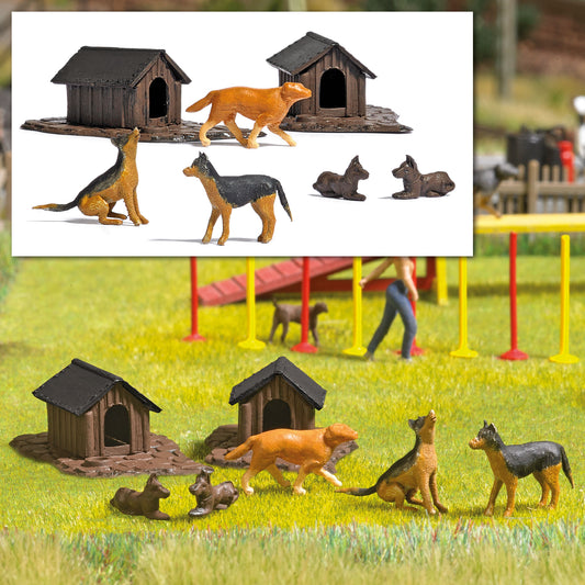 Busch 1197 HO Scale 5 Dogs & 2 Doghouses Set