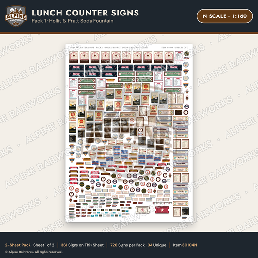 Alpine Railworks 30104N N Scale Lunch Counter Signs - Hollis