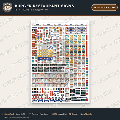 Alpine Railworks 30446N N Scale Burger Restaurant Signs