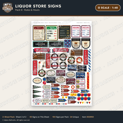 Alpine Railworks 30295O O Scale Liquor Store Signs - Rules & Hours