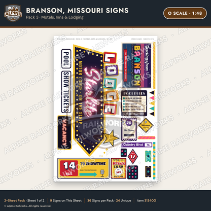 Alpine Railworks 31340O O Scale Branson MO Signs - Motels & Inns