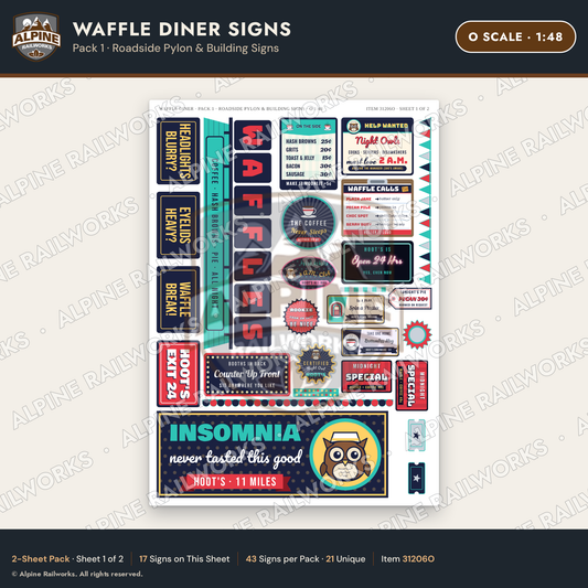 Alpine Railworks 31206O O Scale Waffle Diner Signs - Roadside Pylon
