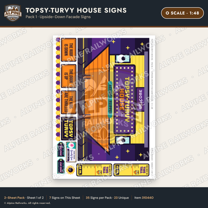 Alpine Railworks 31044O O Scale Roadside Signs - Upside-Down House