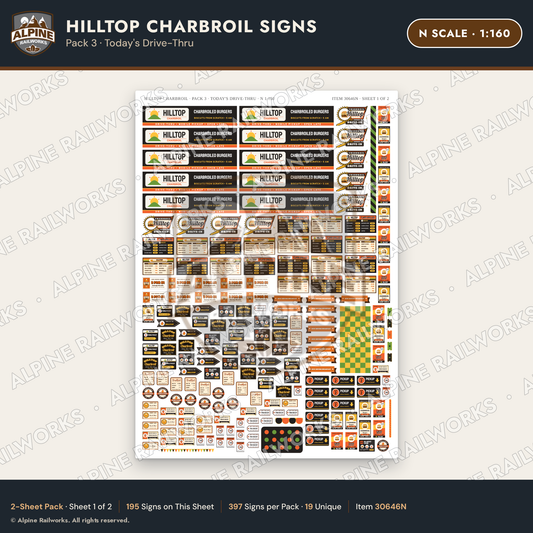Alpine Railworks 30646N N Scale Fast Food Signs - Charbroiled Burgers