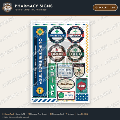 Alpine Railworks 30312G G Scale Pharmacy Signs - Drive-Thru Pharmacy