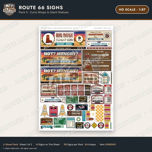 Alpine Railworks 30582HO HO Scale Route 66 Highway Signs - Curio Shops