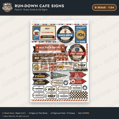 Alpine Railworks 30481G G Scale Run-Down Cafe Signs - Rusty Soda & Ad