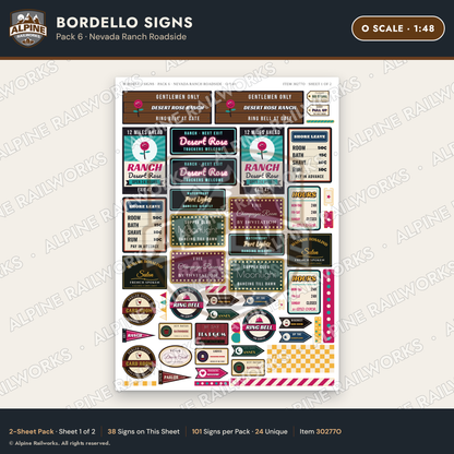 Alpine Railworks 30277O O Scale Bordello Signs - Nevada Ranch Roadside