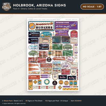 Alpine Railworks 31245HO HO Scale Holbrook AZ Signs - Diners & Cafes