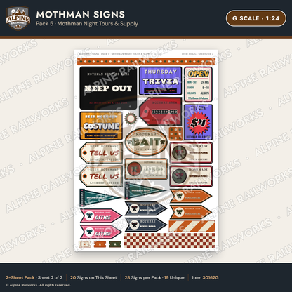 Alpine Railworks 30162G G Scale Mothman Signs - Mothman Night Tours