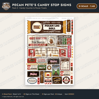 Alpine Railworks 30592O O Scale Roadside Signs - Pecan Candy Stop