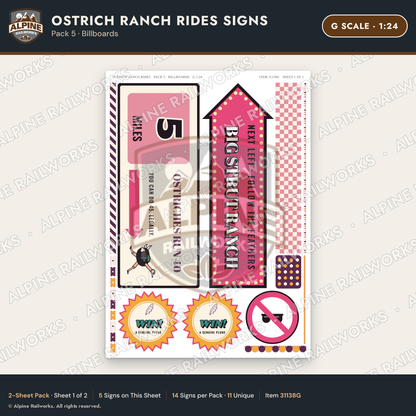 Alpine Railworks 31138G G Scale Roadside Signs - Ostrich Farm