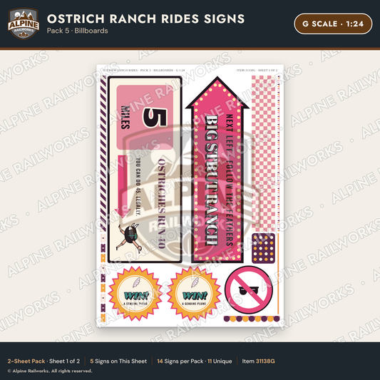 Alpine Railworks 31138G G Scale Roadside Signs - Ostrich Farm
