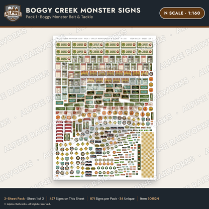 Alpine Railworks 30152N N Scale Boggy Creek Monster Signs