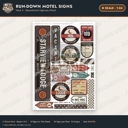 Alpine Railworks 30473G G Scale Run-Down Motel Signs