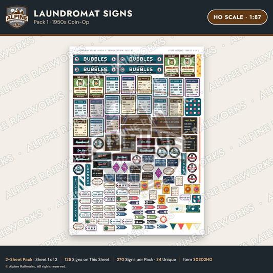 Alpine Railworks 30302HO HO Scale Laundromat Signs - 1950s Coin-Op