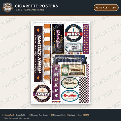 Alpine Railworks 30187G G Scale Cigarette Posters - 1970s Smoke Shop