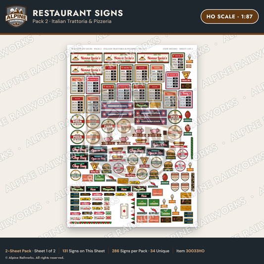 Alpine Railworks 30033HO HO Scale Restaurant Signs - Italian Trattoria