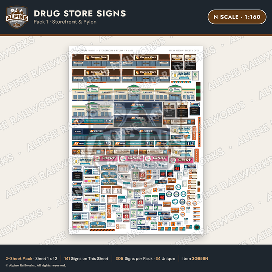 Alpine Railworks 30656N N Scale Drug Store Signs - Storefront & Pylon