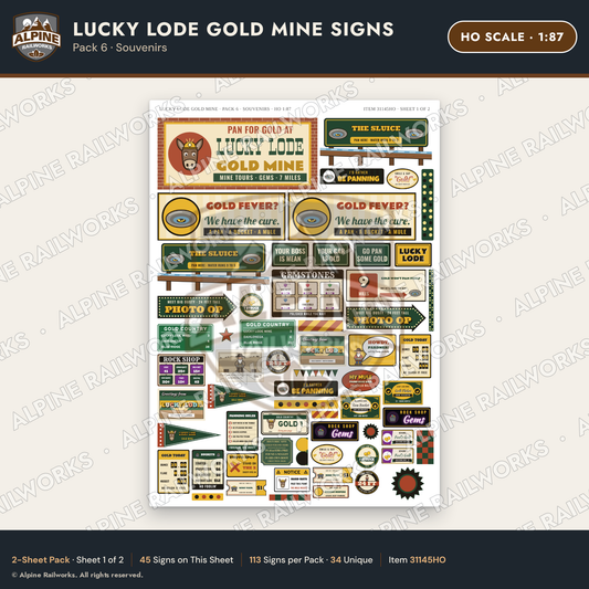 Alpine Railworks 31145HO HO Scale Roadside Signs - Gold Panning Mine