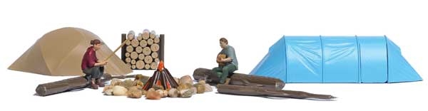 Busch 79823 HO Scale Wilderness Camping - Action Set -- 2 Figures, 2 Tents, Logs