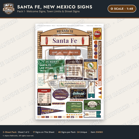 Alpine Railworks 31416O O Scale Santa Fe NM Signs - Welcome Signs
