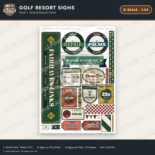 Alpine Railworks 30254G G Scale Golf Resort Signs - Grand Resort Hotel