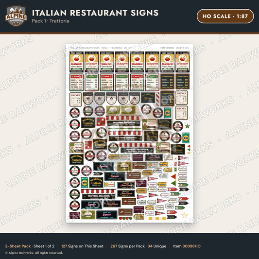 Alpine Railworks 30398HO HO Scale Italian Restaurant Signs - Trattoria