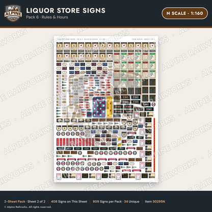 Alpine Railworks 30295N N Scale Liquor Store Signs - Rules & Hours