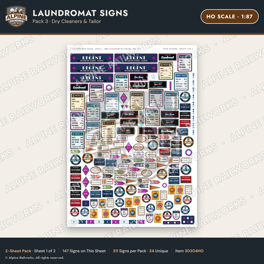 Alpine Railworks 30304HO HO Scale Laundromat Signs - Dry Cleaners