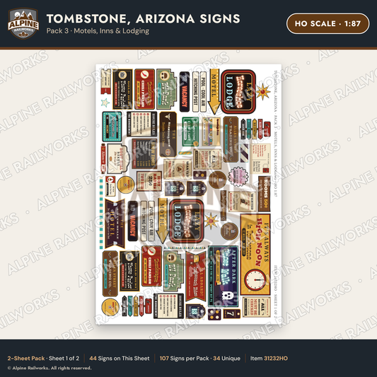 Alpine Railworks 31232HO HO Scale Tombstone AZ Signs - Motels & Inns