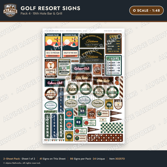 Alpine Railworks 30257O O Scale Golf Resort Signs - 19th Hole Bar
