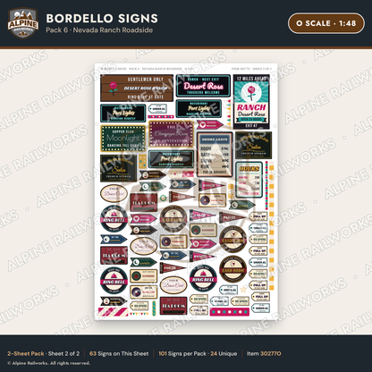 Alpine Railworks 30277O O Scale Bordello Signs - Nevada Ranch Roadside