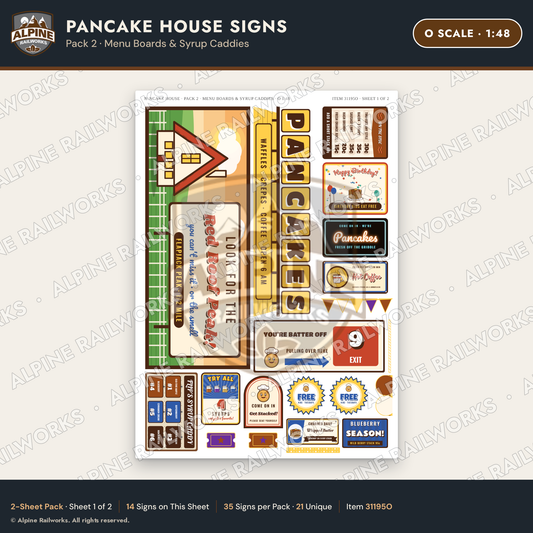 Alpine Railworks 31195O O Scale Pancake House Signs - Menu Boards