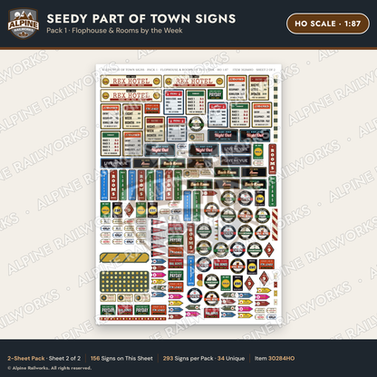 Alpine Railworks 30284HO HO Scale Seedy Part of Town Signs - Flophouse