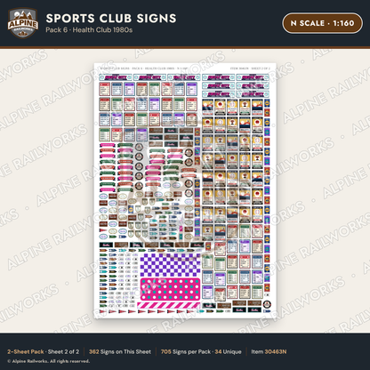 Alpine Railworks 30463N N Scale Sports Club Signs - Health Club 1980s