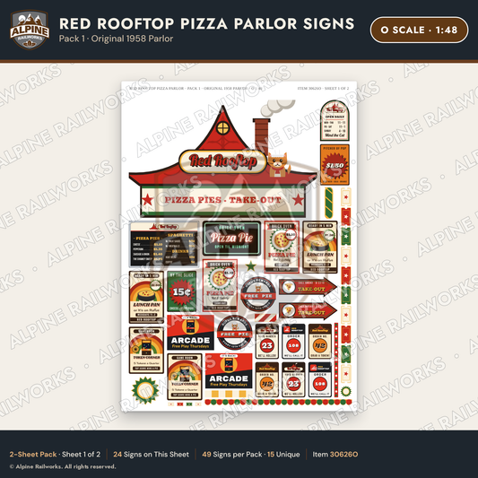 Alpine Railworks 30626O O Scale Restaurant Signs - Pizza Parlor