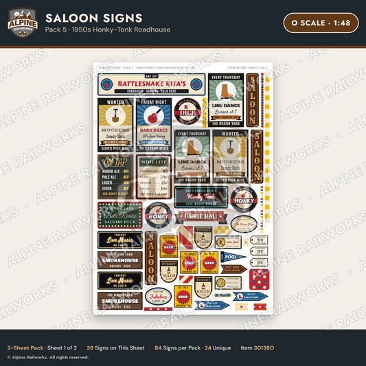 Alpine Railworks 30138O O Scale Saloon Signs - Honky-Tonk Roadhouse