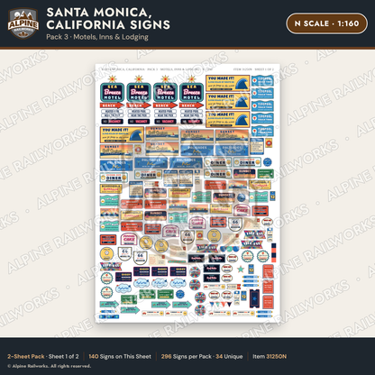 Alpine Railworks 31250N N Scale Santa Monica CA Signs - Motels & Inns