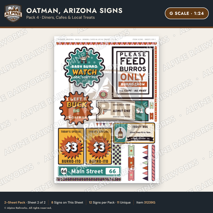Alpine Railworks 31239G G Scale Oatman AZ Signs - Diners & Cafes
