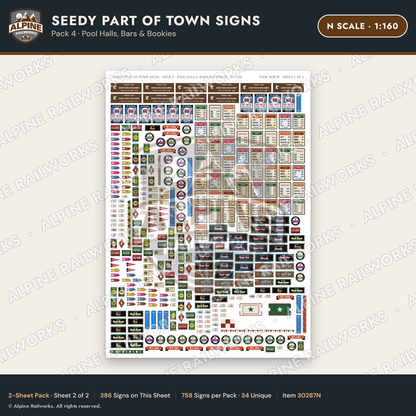 Alpine Railworks 30287N N Scale Seedy Part of Town Signs - Pool Halls