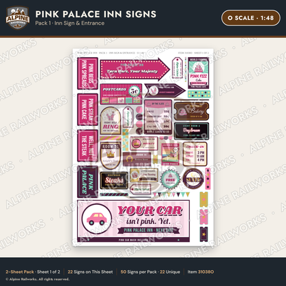 Alpine Railworks 31038O O Scale Roadside Signs - Pink Themed Motel