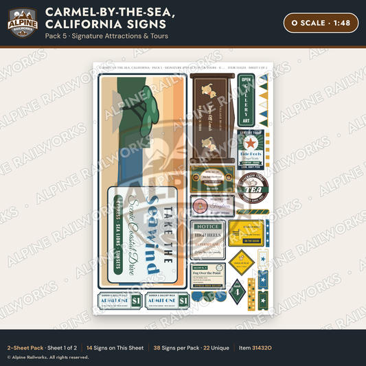 Alpine Railworks 31432O O Scale Carmel CA Signs - Attractions & Tours