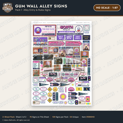 Alpine Railworks 31080HO HO Scale Roadside Signs - Bubblegum Alley