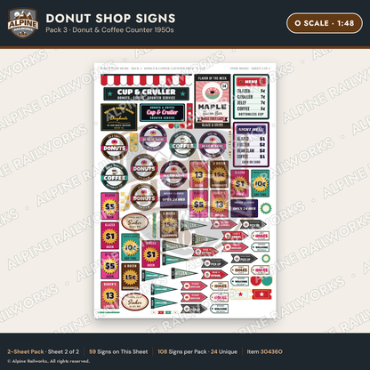 Alpine Railworks 30436O O Scale Donut Shop Signs - Donut
