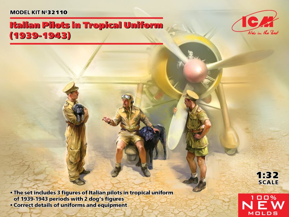 ICM Models 32110 1/32 Italian Pilots in Tropical Uniform 1939-1943 (3) w/2 Dogs